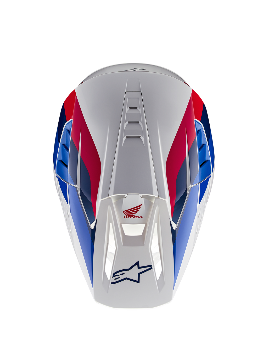 Alpinestars Casco Honda S-M5 ECE, casco da motocross, bianco, blu e rosso lucido, vista dall'alto che evidenzia i canali di ventilazione, con grafiche rosse e blu e loghi Honda e Alpinestars
