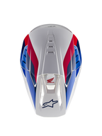 Alpinestars Casco Honda S-M5 ECE, casco da motocross, bianco, blu e rosso lucido, vista dall'alto che evidenzia i canali di ventilazione, con grafiche rosse e blu e loghi Honda e Alpinestars
