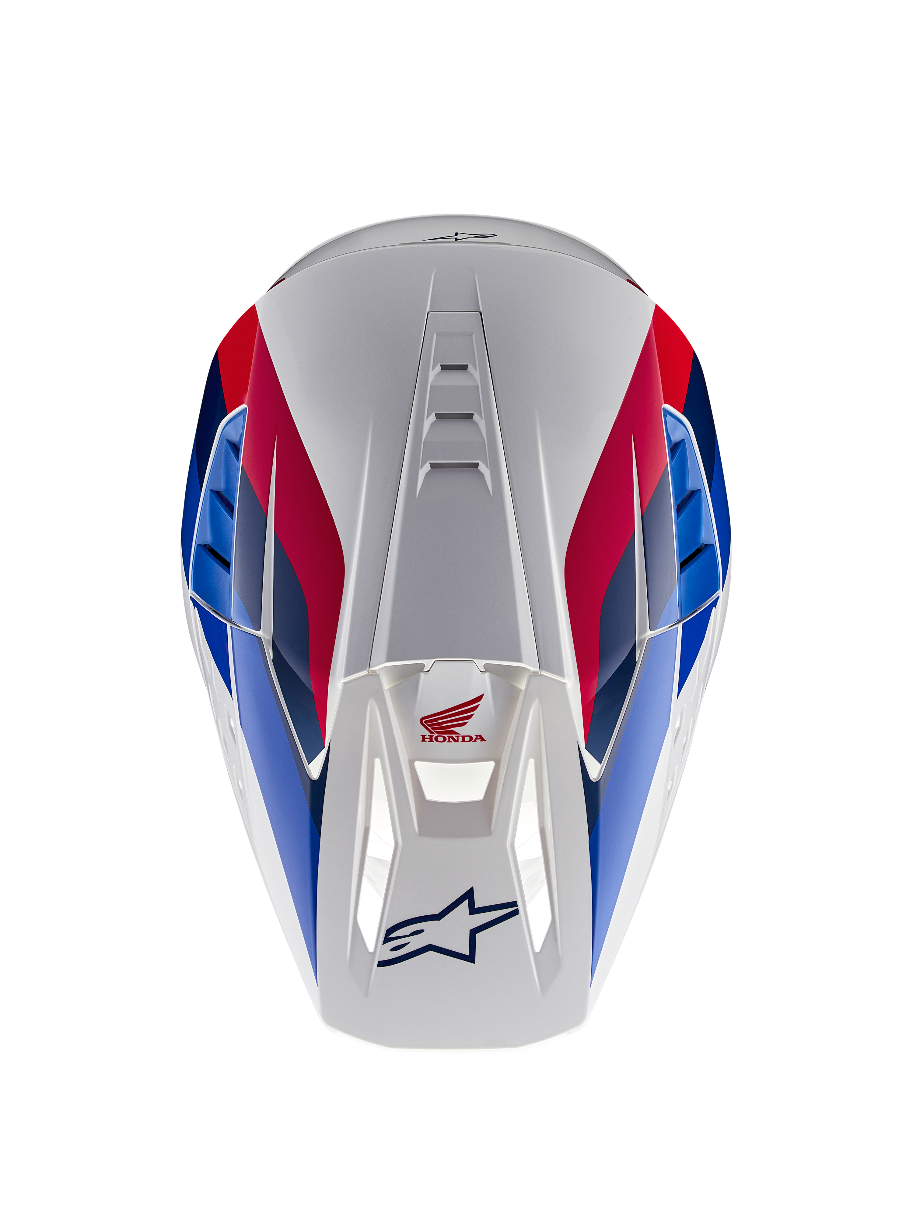 Alpinestars Casco Honda S-M5 ECE, casco da motocross, bianco, blu e rosso lucido, vista dall'alto che evidenzia i canali di ventilazione, con grafiche rosse e blu e loghi Honda e Alpinestars