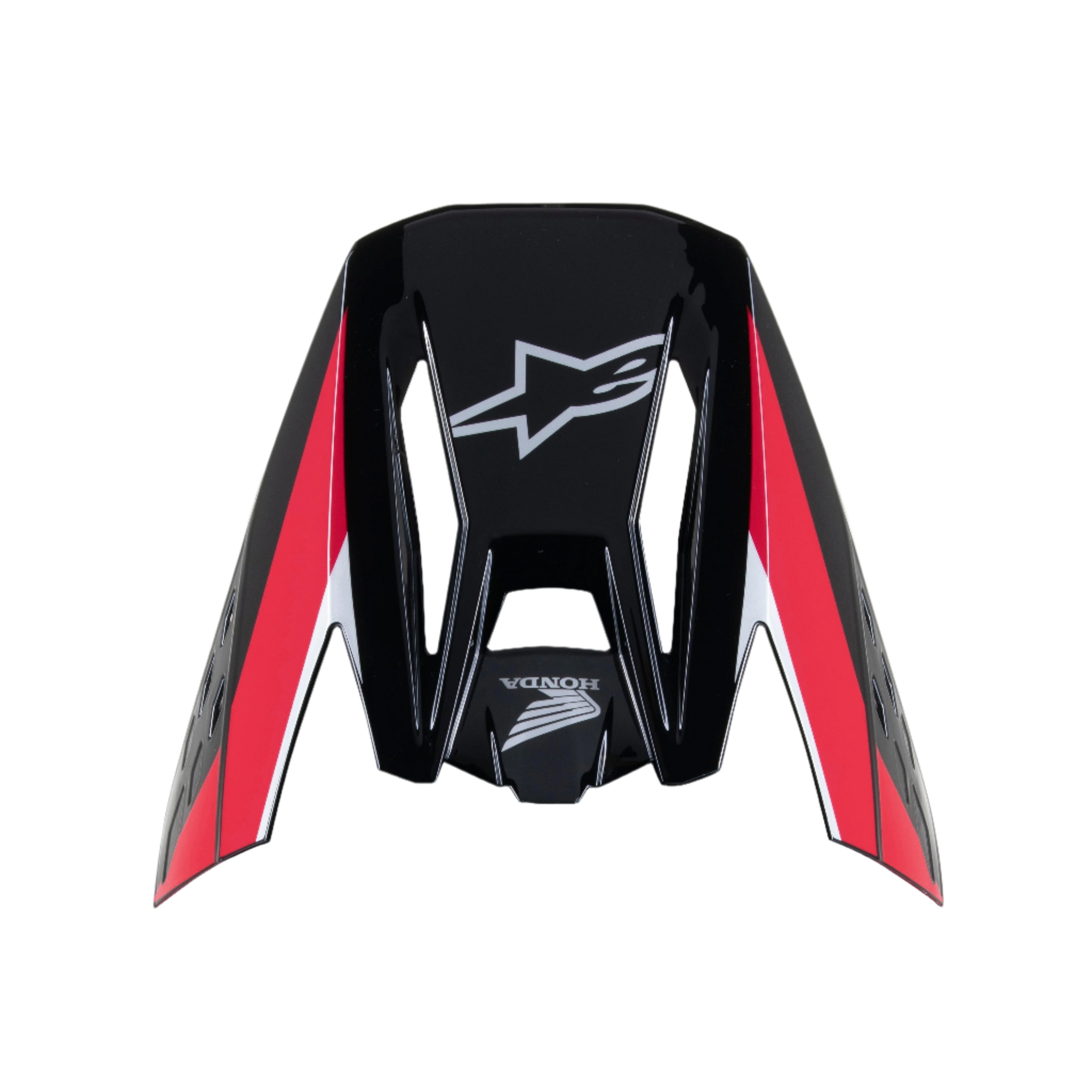 Alpinestars Honda S-M5 Visor, nero rosso lucido, visiera di ricambio per casco da motocross, con loghi Alpinestars e Honda bianchi, strisce grafiche rosse e bianche, finitura lucida per la guida fuoristrada