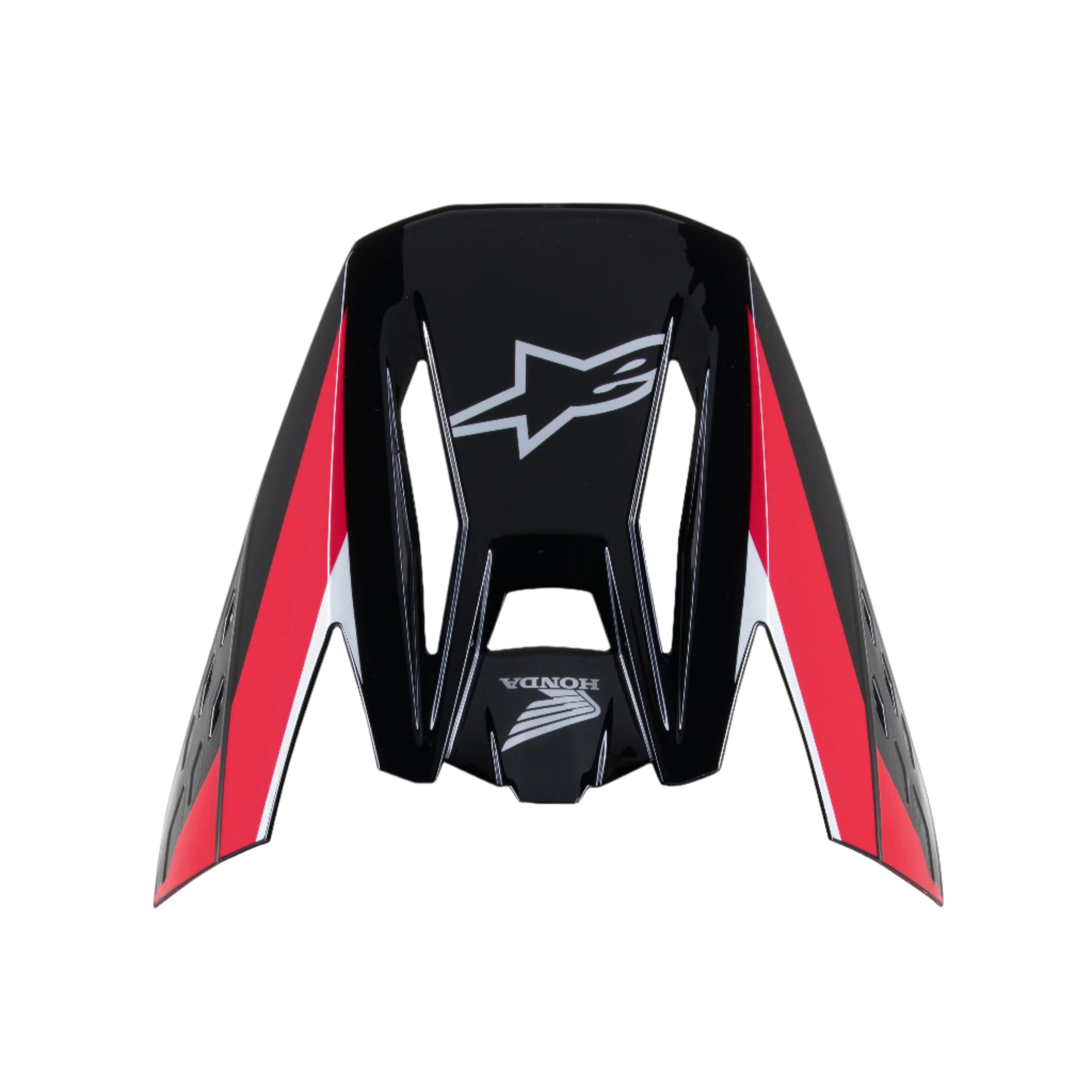 Alpinestars Honda S-M5 Visor, nero rosso lucido, visiera di ricambio per casco da motocross, con loghi Alpinestars e Honda bianchi, strisce grafiche rosse e bianche, finitura lucida per la guida fuoristrada
