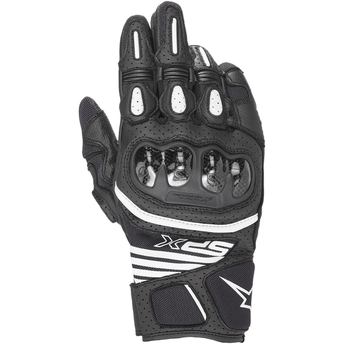 Alpinestars SPX AC V2 Gloves, guanti da moto a polsino corto, nero e bianco, protezione nocche in carbonio lucido, pelle perforata e mesh per la ventilazione, inserti in TPR bianco sulle dita, branding sportivo SPX