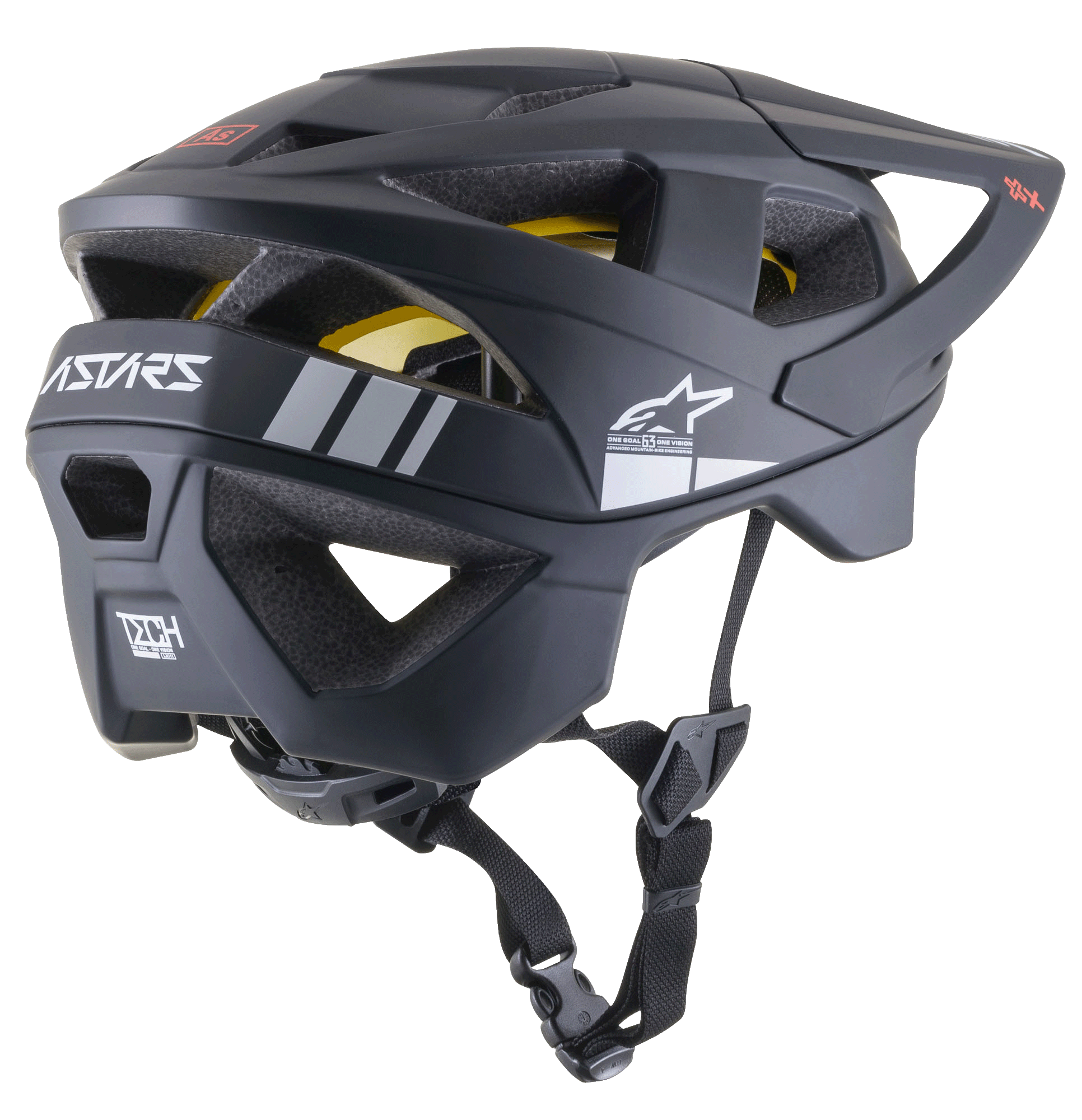 Casco MTB Alpinestars Vector Tech A1, casco da mountain bike, nero opaco con accenti grigio chiaro, profilo laterale-posteriore con aperture di ventilazione, logo a stella Alpinestars bianco, marchio ASTARS e fodera MIPS gialla visibile, con cinturino nero regolabile.