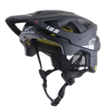 Casco MTB Alpinestars Vector Tech A1, casco da mountain bike, nero e grigio chiaro opaco, grafiche bianche e testo "ONE GOAL. ONE VISION.", fodera interna gialla MIPS visibile, molteplici aperture di ventilazione, cinturini neri regolabili con fibbia a sgancio rapido, copertura posteriore e laterale estesa, finitura opaca