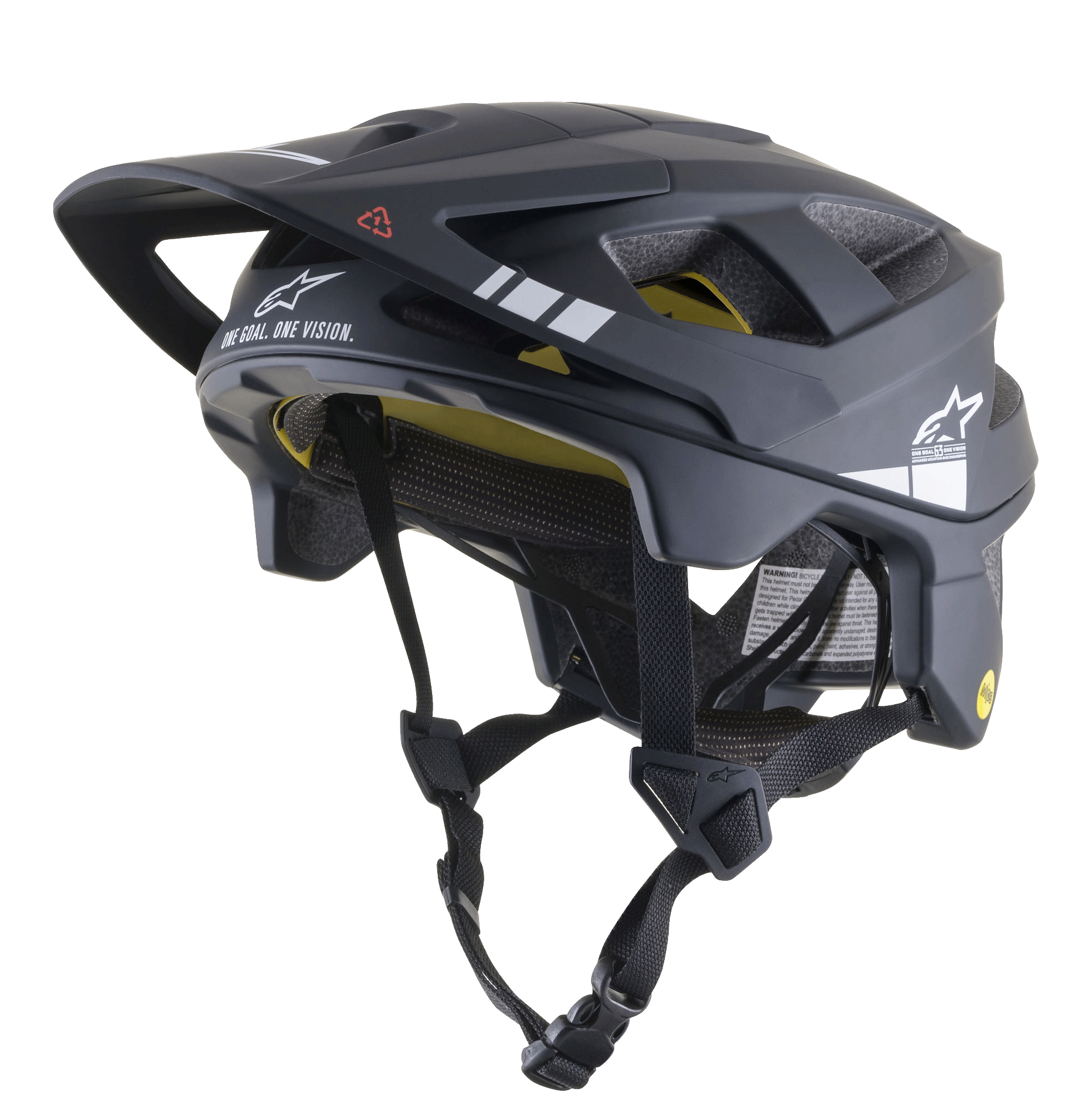 Casco MTB Alpinestars Vector Tech A1, casco da mountain bike, nero e grigio chiaro opaco, grafiche bianche e testo "ONE GOAL. ONE VISION.", fodera interna gialla MIPS visibile, molteplici aperture di ventilazione, cinturini neri regolabili con fibbia a sgancio rapido, copertura posteriore e laterale estesa, finitura opaca