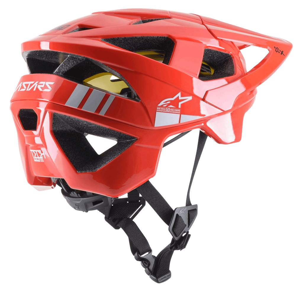 Alpinestars Vector Tech A2 MTB Helmet, casco da mountain bike, rosso brillante e grigio chiaro lucido, con 19 aperture di ventilazione, loghi bianchi, fodera MIPS gialla e cinturino sottogola nero regolabile, resistente e leggero per protezione fuoristrada