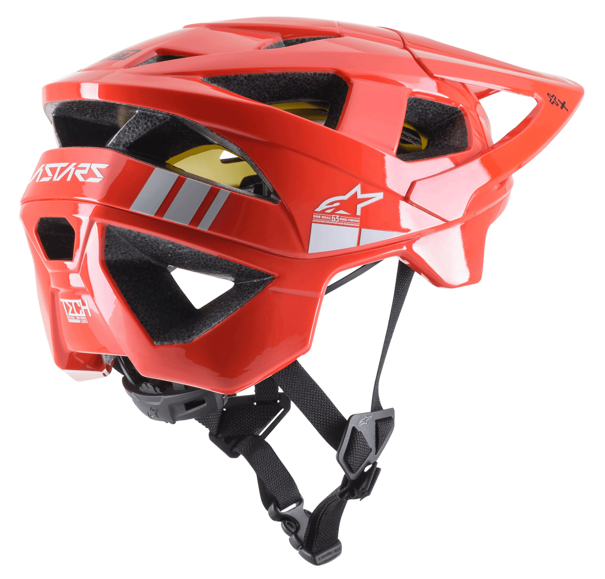 Alpinestars Vector Tech A2 MTB Helmet, casco da mountain bike, rosso brillante e grigio chiaro lucido, con 19 aperture di ventilazione, loghi bianchi, fodera MIPS gialla e cinturino sottogola nero regolabile, resistente e leggero per protezione fuoristrada