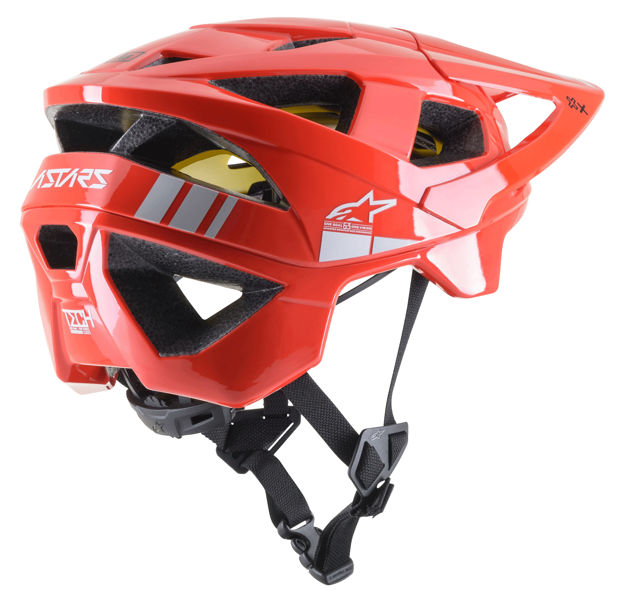 Alpinestars Vector Tech A2 MTB Helmet, casco da mountain bike, rosso brillante e grigio chiaro lucido, con 19 aperture di ventilazione, loghi bianchi, fodera MIPS gialla e cinturino sottogola nero regolabile, resistente e leggero per protezione fuoristrada