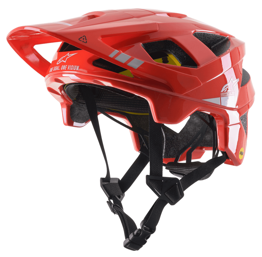 Casco MTB Alpinestars Vector Tech A2, rosso acceso con accenti grigio chiaro lucidi, loghi e grafiche Alpinestars bianchi, visiera regolabile, molteplici fori di ventilazione, cinturini neri e design leggero da mountain bike