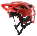Casco MTB Alpinestars Vector Tech A2, rosso acceso con accenti grigio chiaro lucidi, loghi e grafiche Alpinestars bianchi, visiera regolabile, molteplici fori di ventilazione, cinturini neri e design leggero da mountain bike