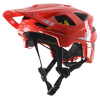 Casco MTB Alpinestars Vector Tech A2, rosso acceso con accenti grigio chiaro lucidi, loghi e grafiche Alpinestars bianchi, visiera regolabile, molteplici fori di ventilazione, cinturini neri e design leggero da mountain bike