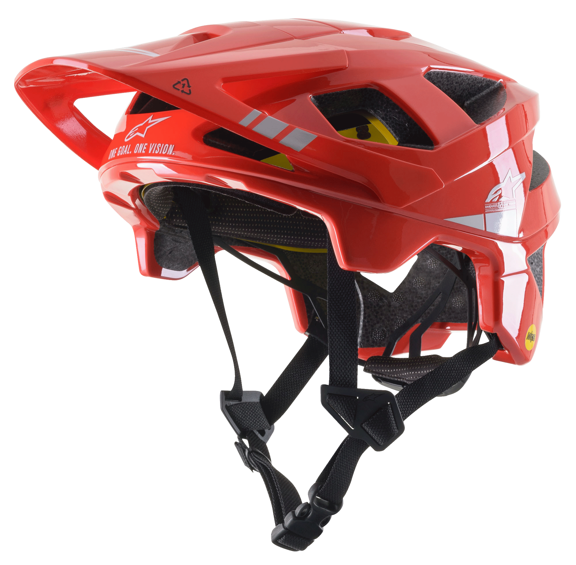 Casco MTB Alpinestars Vector Tech A2, rosso acceso con accenti grigio chiaro lucidi, loghi e grafiche Alpinestars bianchi, visiera regolabile, molteplici fori di ventilazione, cinturini neri e design leggero da mountain bike
