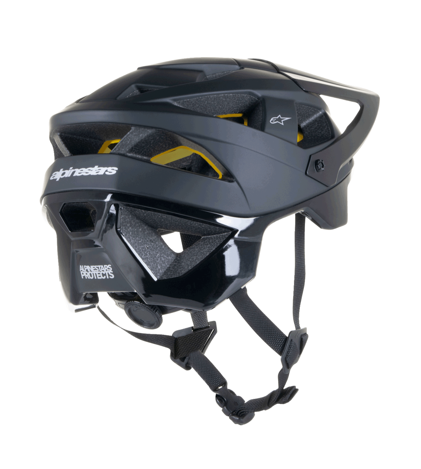 Casco Alpinestars Vector Tech Solid, casco da ciclismo MTB, finitura nero opaco e lucido, con protezione Mips, 19 prese d'aria e copertura estesa sulla nuca per protezione fuoristrada