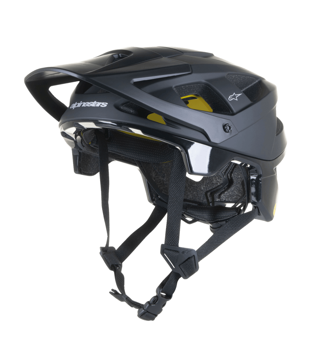 Casco Alpinestars Vector Tech Solid, casco da mountain bike MTB nero, finitura opaca e lucida con 19 prese d'aria, imbottitura interna Mips gialla, visiera e cinturini regolabili, protezione leggera per trail e all-mountain