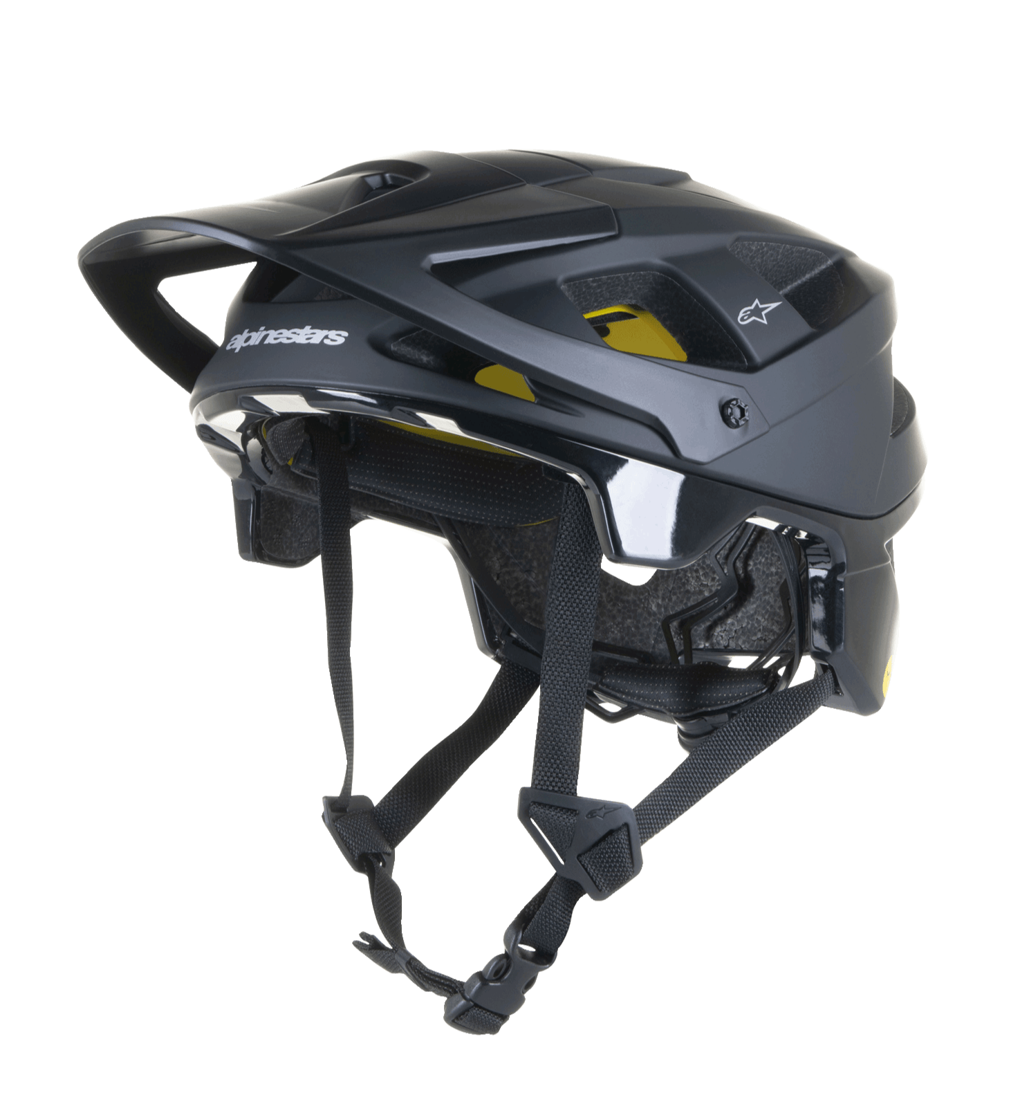 Casco Alpinestars Vector Tech Solid, casco da mountain bike MTB nero, finitura opaca e lucida con 19 prese d'aria, imbottitura interna Mips gialla, visiera e cinturini regolabili, protezione leggera per trail e all-mountain