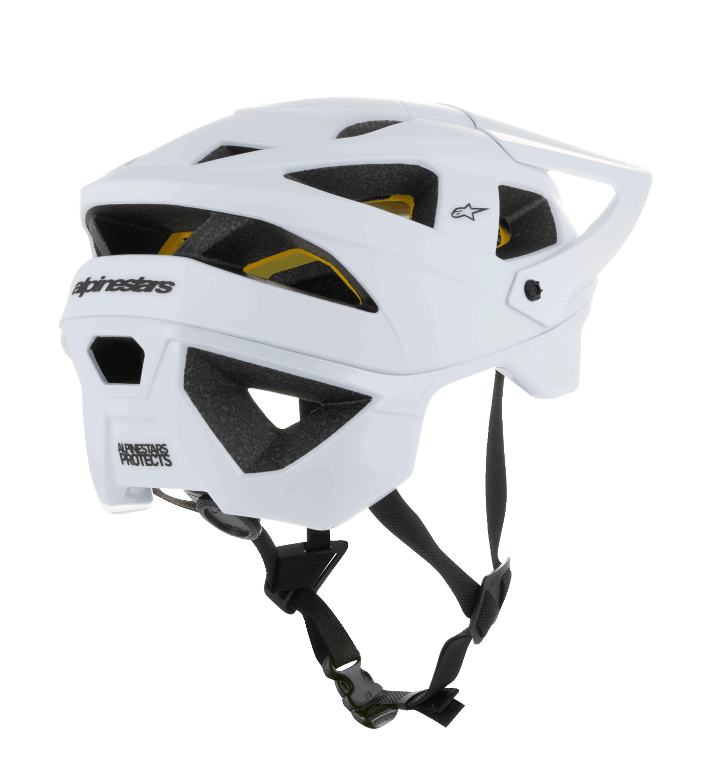 Casco Alpinestars Vector Tech Solid, casco MTB aperto, finitura bianco opaco e lucido, ampie prese d'aria con sistema Mips giallo visibile, logo Alpinestars nero sul retro, cinturino sottogola nero regolabile, protezione professionale per mountain bike