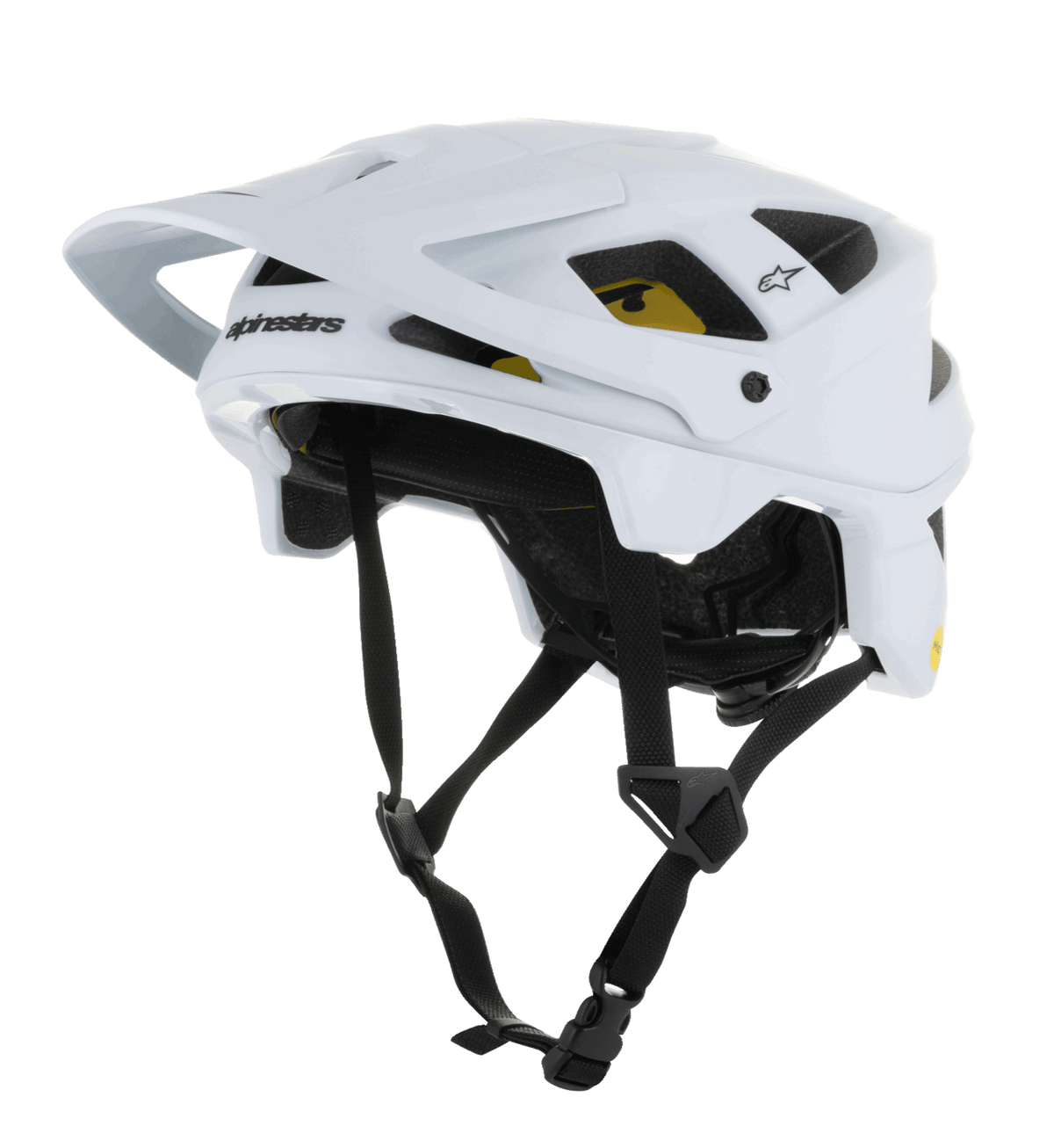 Alpinestars Vector Tech Solid Helmet, casco da mountain bike MTB, bianco opaco e lucido, con design angolare, prese d'aria multiple, cinturini sottogola neri regolabili, imbottitura interna Mips gialla e visiera anteriore regolabile
