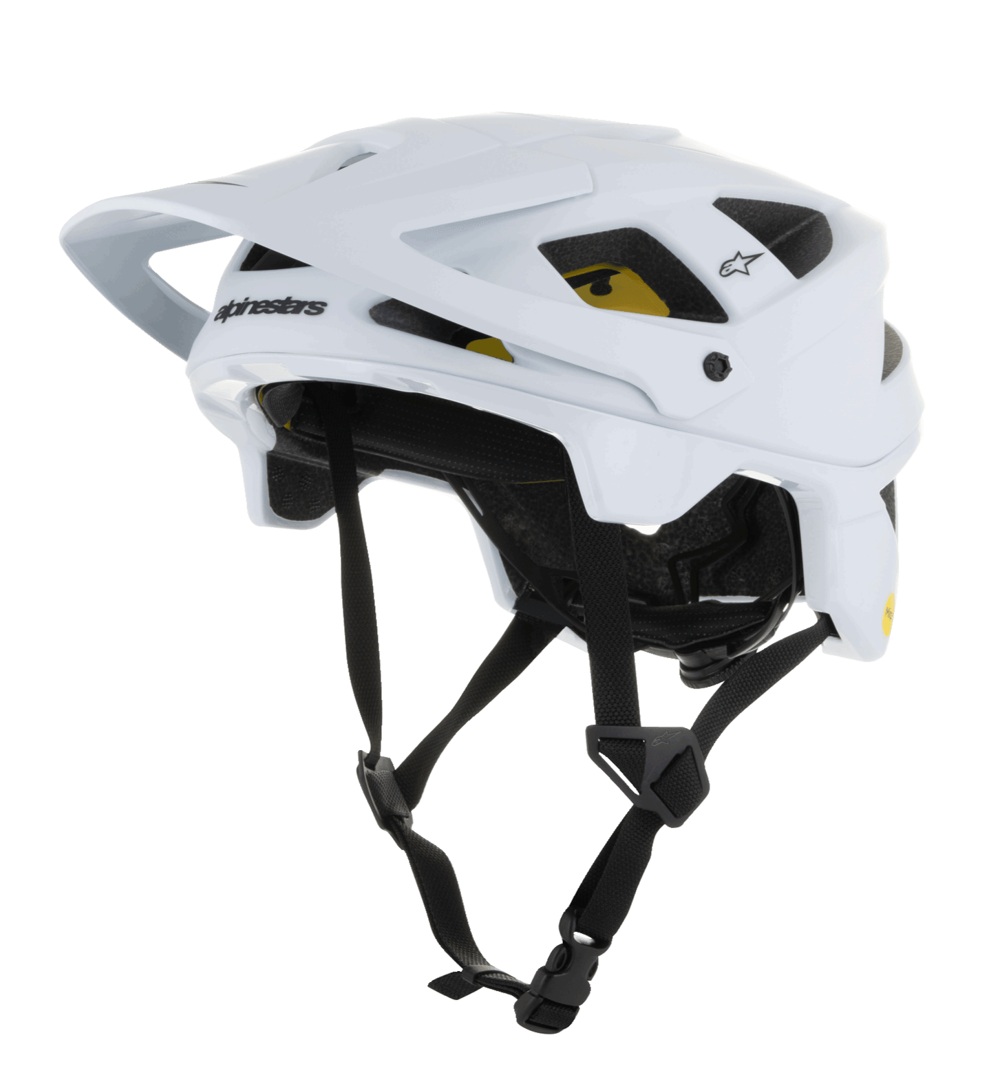 Alpinestars Vector Tech Solid Helmet, casco da mountain bike MTB, bianco opaco e lucido, con design angolare, prese d'aria multiple, cinturini sottogola neri regolabili, imbottitura interna Mips gialla e visiera anteriore regolabile