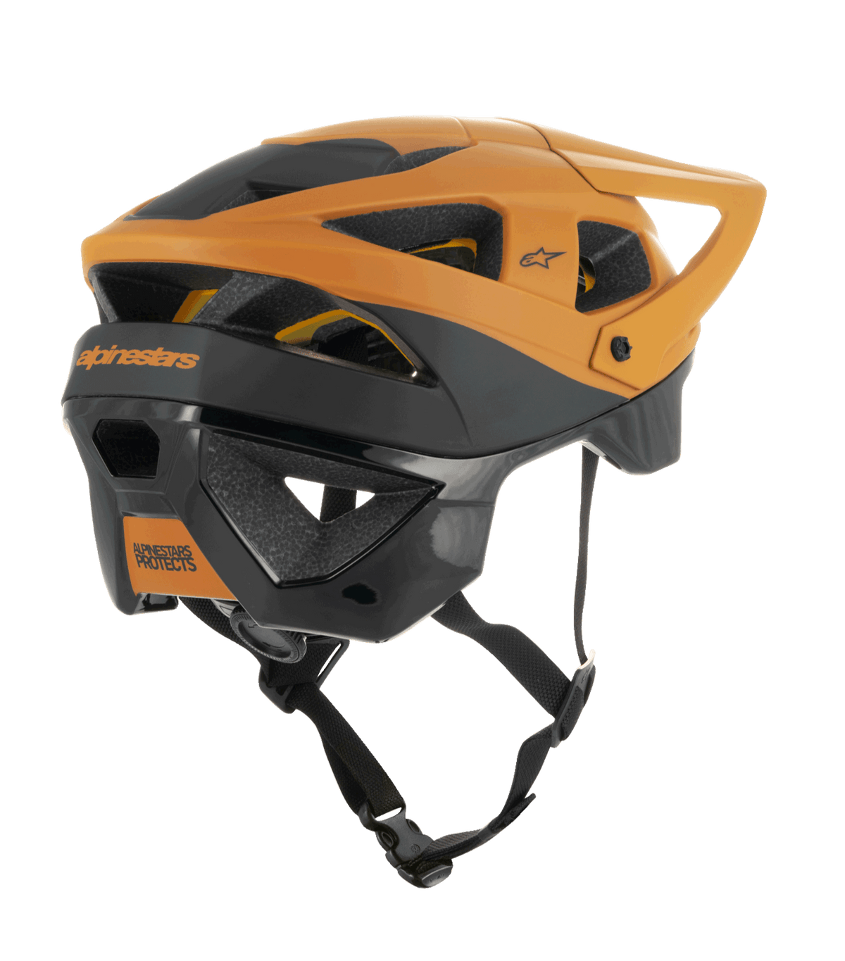 Casco Alpinestars Vector Tech Zeal, casco MTB, nero e oro scuro, vista posteriore-laterale con diverse prese d'aria, visiera regolabile e cinturino sottogola nero, equipaggiamento protettivo per mountain bike con marchio Alpinestars