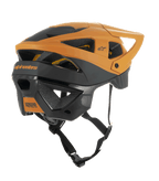 Casco Alpinestars Vector Tech Zeal, casco MTB, nero e oro scuro, vista posteriore-laterale con diverse prese d'aria, visiera regolabile e cinturino sottogola nero, equipaggiamento protettivo per mountain bike con marchio Alpinestars