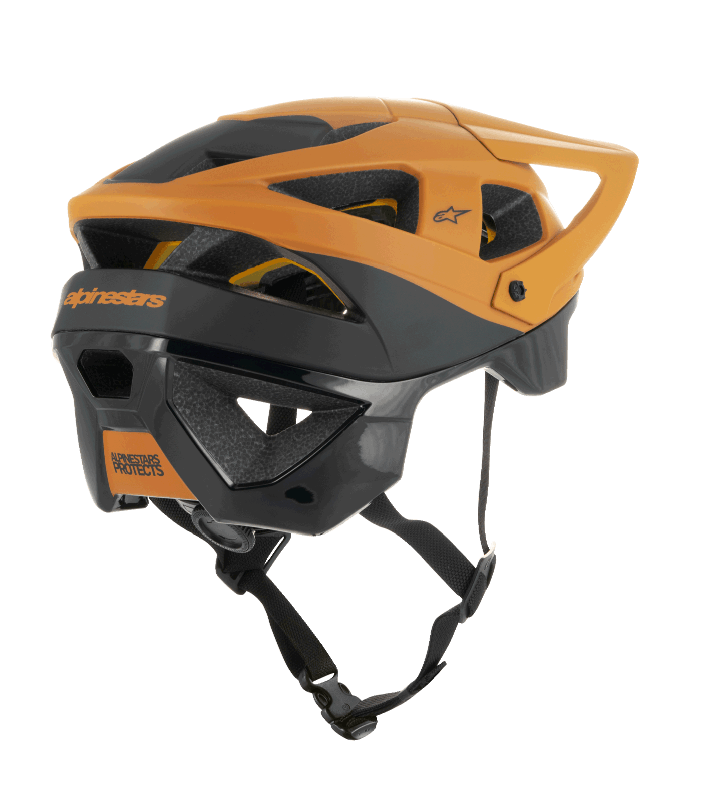Casco Alpinestars Vector Tech Zeal, casco MTB, nero e oro scuro, vista posteriore-laterale con diverse prese d'aria, visiera regolabile e cinturino sottogola nero, equipaggiamento protettivo per mountain bike con marchio Alpinestars