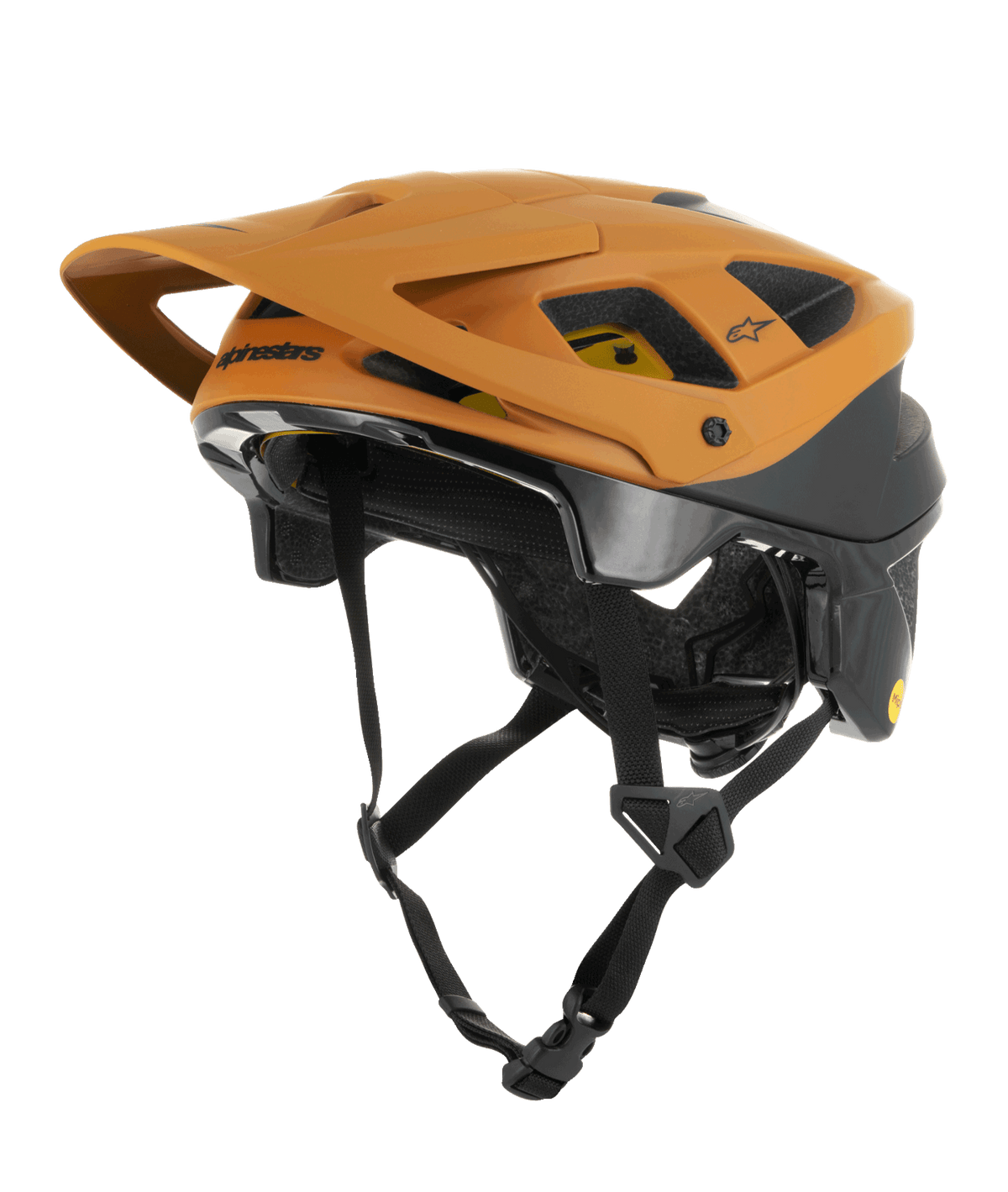 Alpinestars Vector Tech Zeal Helmet, casco da MTB mountain bike, arancione e nero con logo MIPS giallo, con grande visiera anteriore, molteplici prese d'aria e cinturino regolabile, progettato per la protezione nei percorsi fuoristrada