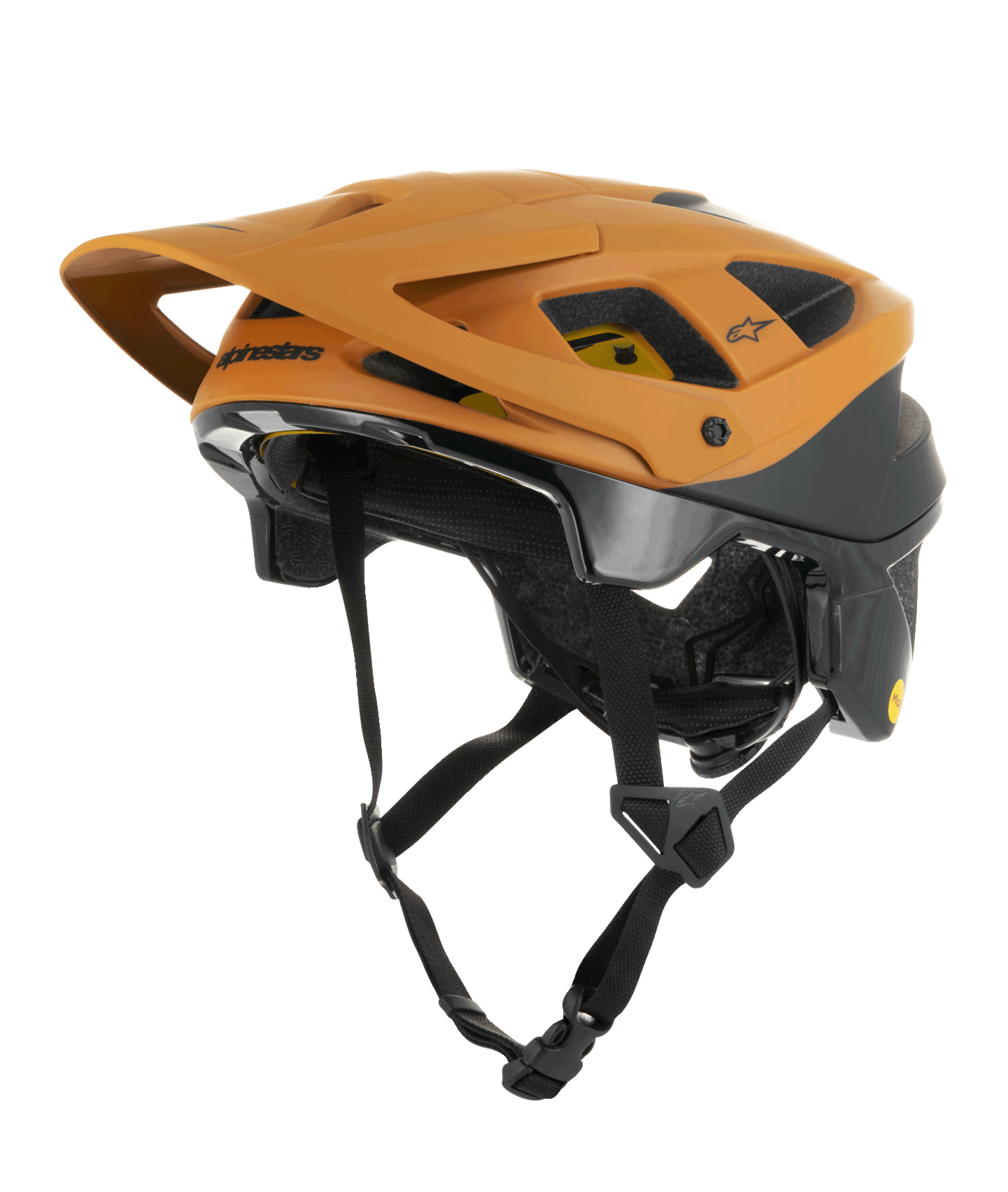 Alpinestars Vector Tech Zeal Helmet, casco da MTB mountain bike, arancione e nero con logo MIPS giallo, con grande visiera anteriore, molteplici prese d'aria e cinturino regolabile, progettato per la protezione nei percorsi fuoristrada