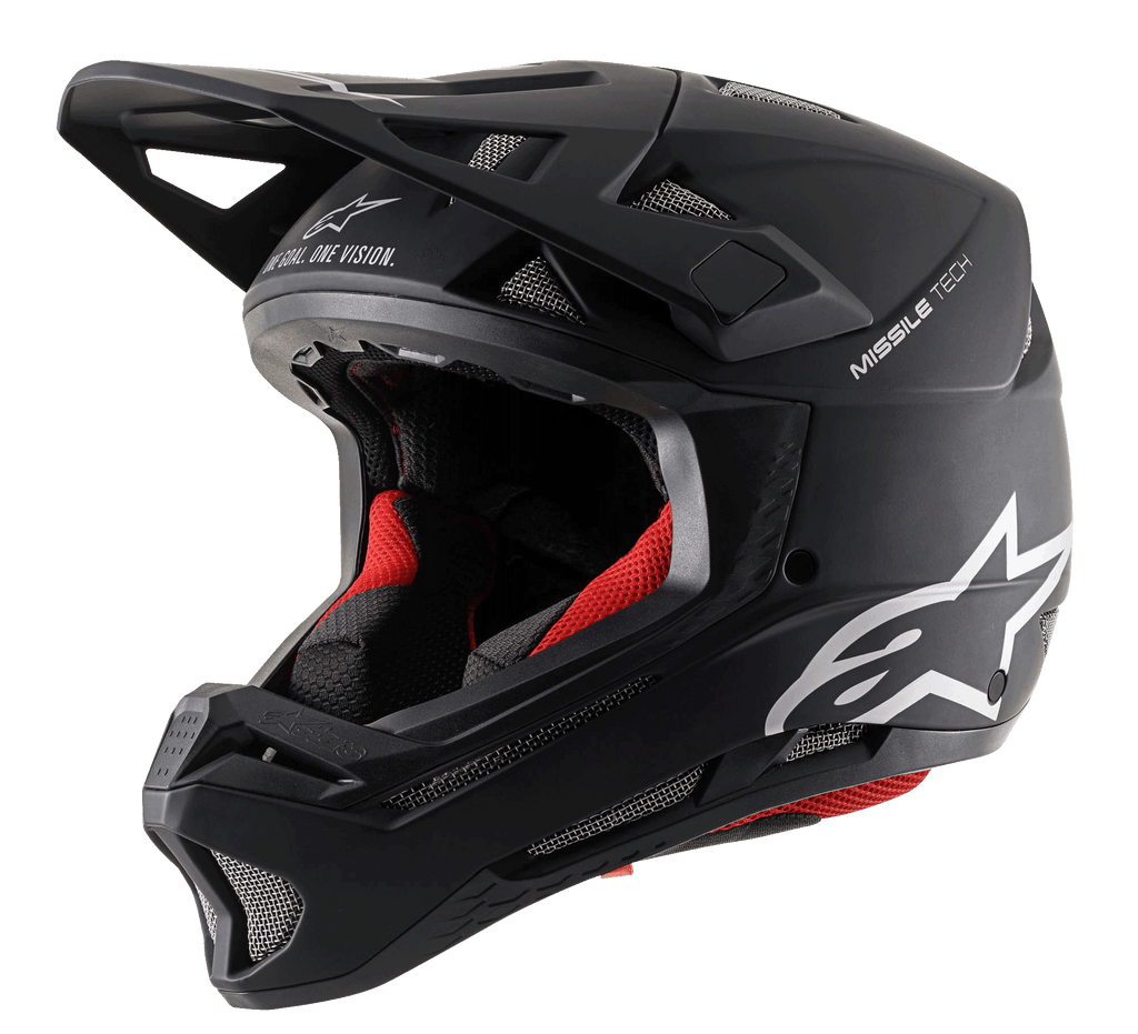 Casco Alpinestars Missile Tech Solid, nero opaco da downhill MTB con imbottitura rossa e prese d'aria in rete.