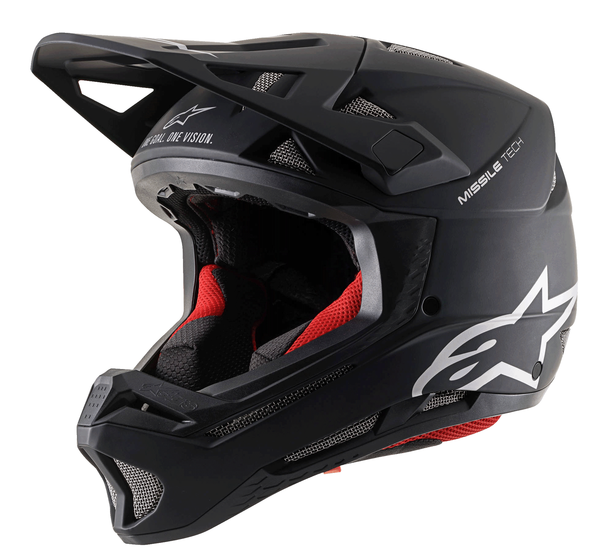 Casco Alpinestars Missile Tech Solid, nero opaco da downhill MTB con imbottitura rossa e prese d'aria in rete.