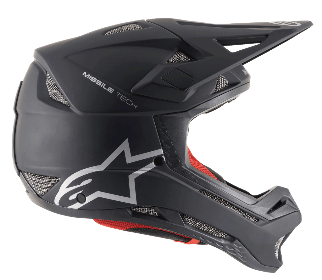 Casco integrale Alpinestars Missile Tech Solid nero opaco per MTB downhill con prese d'aria e logo argento.