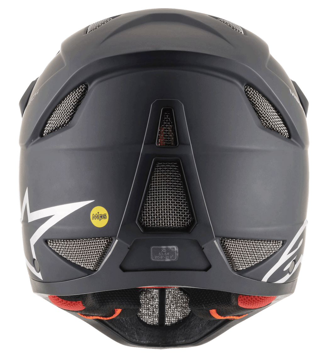 Casco Alpinestars Missile Tech Solid nero opaco, vista posteriore con prese d'aria e logo MIPS per discesa MTB.