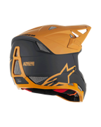 Casco Alpinestars Missile Tech Racer, casco integrale da MTB, nero e oro scuro opaco, vista laterale posteriore con prese d'aria in rete, visiera aerodinamica e logo Alpinestars Protects sul retro, protezione professionale per downhill.