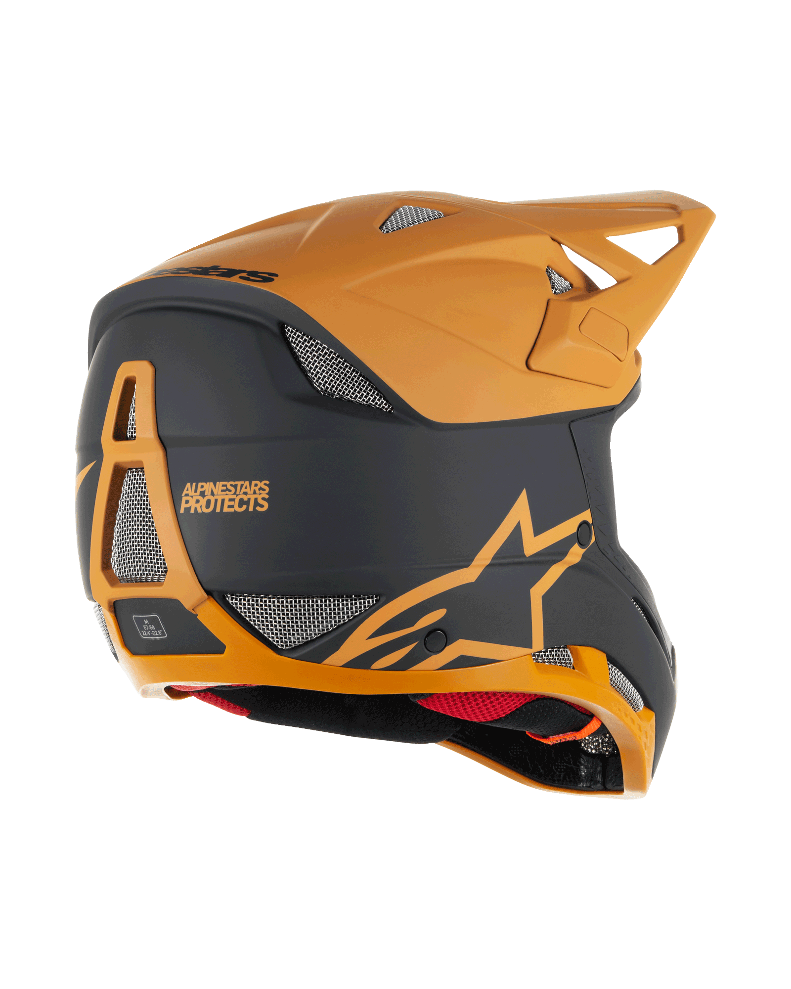 Casco Alpinestars Missile Tech Racer, casco integrale da MTB, nero e oro scuro opaco, vista laterale posteriore con prese d'aria in rete, visiera aerodinamica e logo Alpinestars Protects sul retro, protezione professionale per downhill.