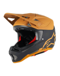 Alpinestars Missile Tech Racer Helmet, casco integrale da MTB, nero e oro scuro opaco, finitura opaca con logo a stella dorata, imbottitura interna rossa, prese d'aria a rete argentata per la ventilazione, visiera angolare, equipaggiamento protettivo per mountain bike downhill