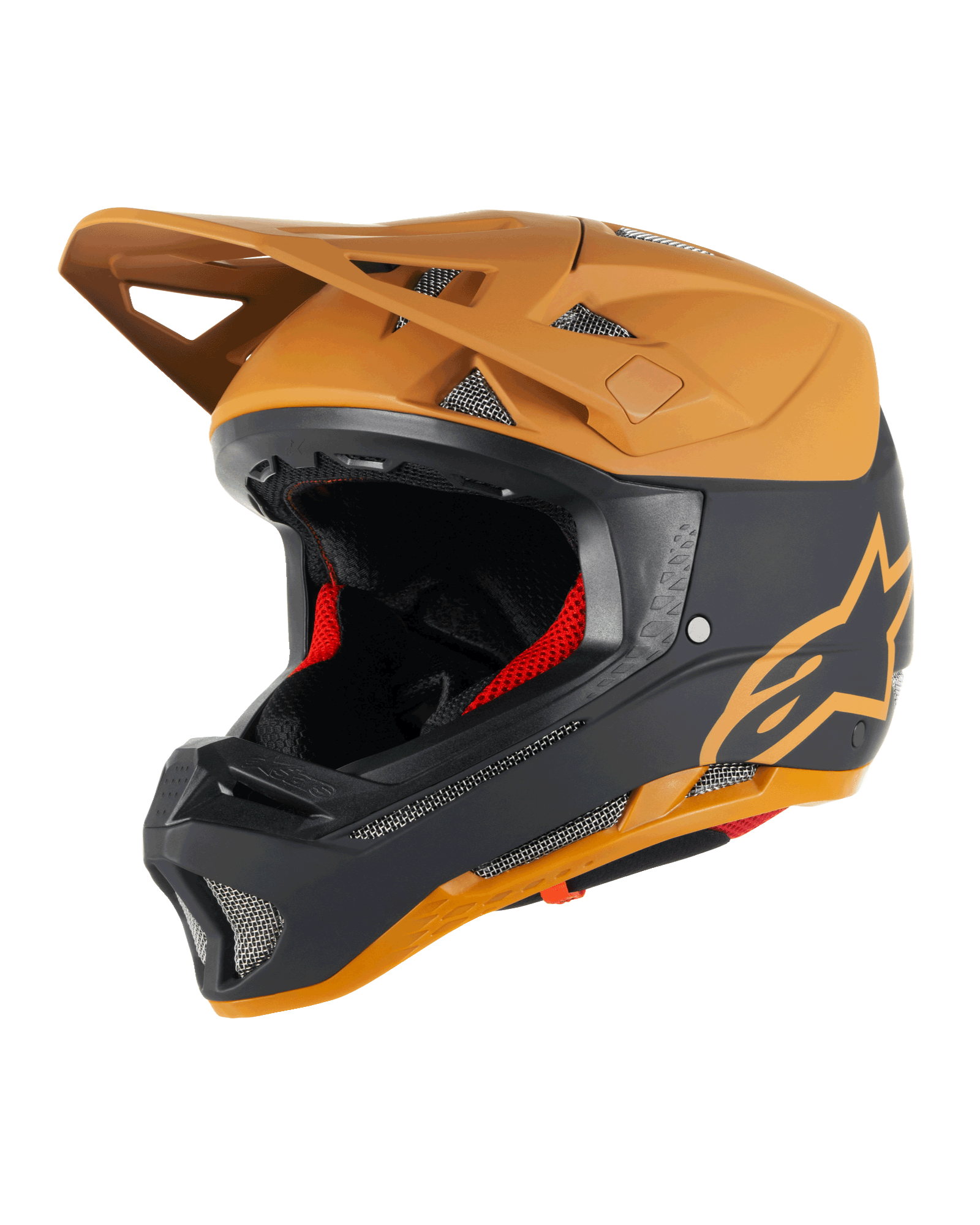 Alpinestars Missile Tech Racer Helmet, casco integrale da MTB, nero e oro scuro opaco, finitura opaca con logo a stella dorata, imbottitura interna rossa, prese d'aria a rete argentata per la ventilazione, visiera angolare, equipaggiamento protettivo per mountain bike downhill