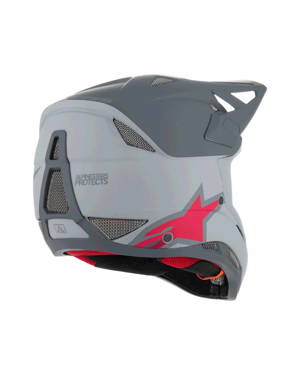 Alpinestars Casco Missile Tech Racer, casco integrale da MTB, grigio chiaro e grigio scuro opaco con logo a stella rosso, vista laterale-posteriore con rete di ventilazione e profilo aerodinamico, protezione per downhill