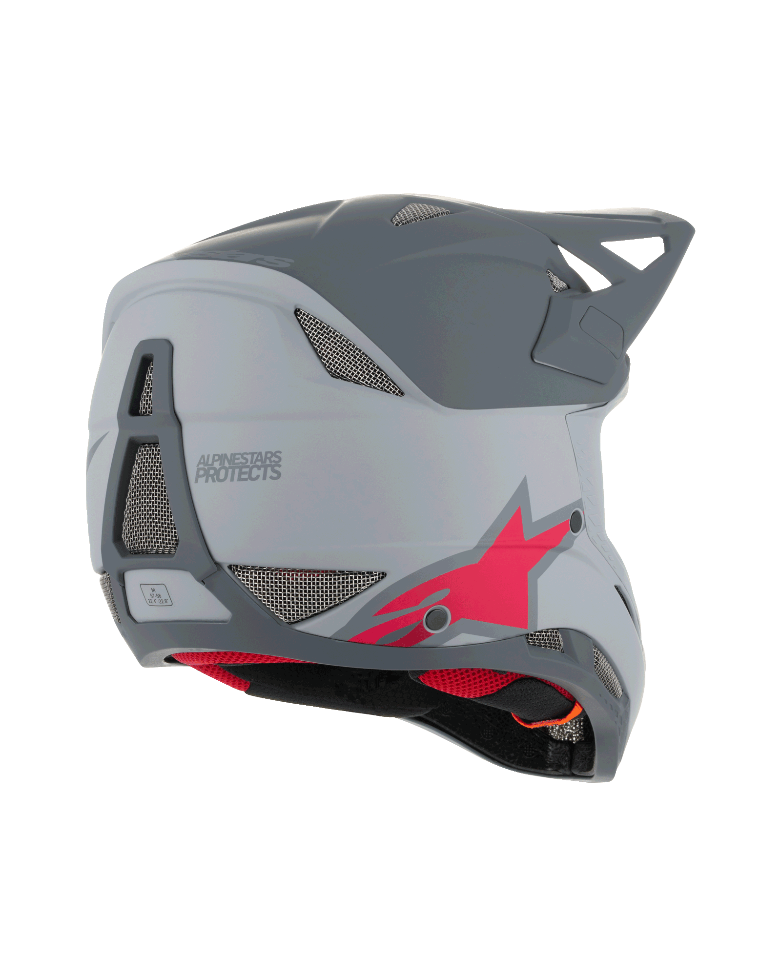 Alpinestars Casco Missile Tech Racer, casco integrale da MTB, grigio chiaro e grigio scuro opaco con logo a stella rosso, vista laterale-posteriore con rete di ventilazione e profilo aerodinamico, protezione per downhill