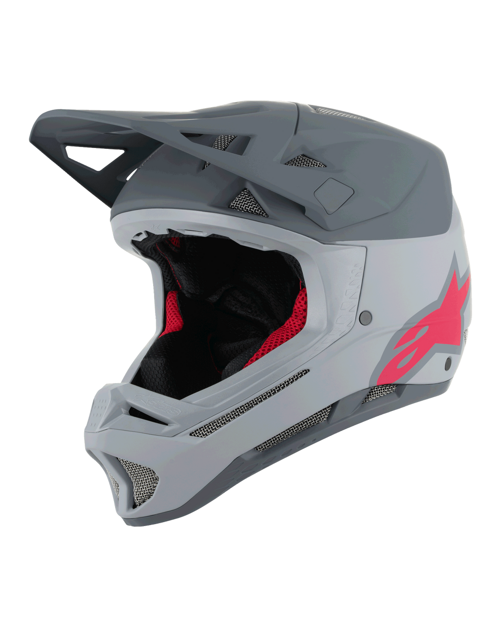 Casco Alpinestars Missile Tech Racer, casco integrale da MTB, grigio chiaro e grigio scuro opaco con logo Astars rosa, visiera aerodinamica, molteplici prese d'aria con mesh, imbottitura interna nera e rossa, attrezzatura per mountain bike downhill