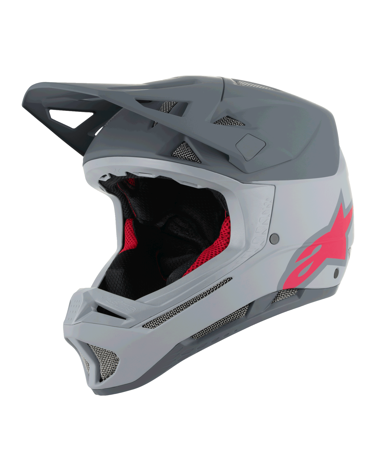 Casco Alpinestars Missile Tech Racer, casco integrale da MTB, grigio chiaro e grigio scuro opaco con logo Astars rosa, visiera aerodinamica, molteplici prese d'aria con mesh, imbottitura interna nera e rossa, attrezzatura per mountain bike downhill