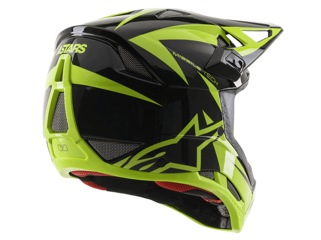 Casco integrale Alpinestars Missile Tech-Air, nero e giallo fluo lucido, vista posteriore di tre quarti con ampie porte di ventilazione in mesh, marchio ASTARS e fodera interna rossa, progettato per prestazioni MTB downhill
