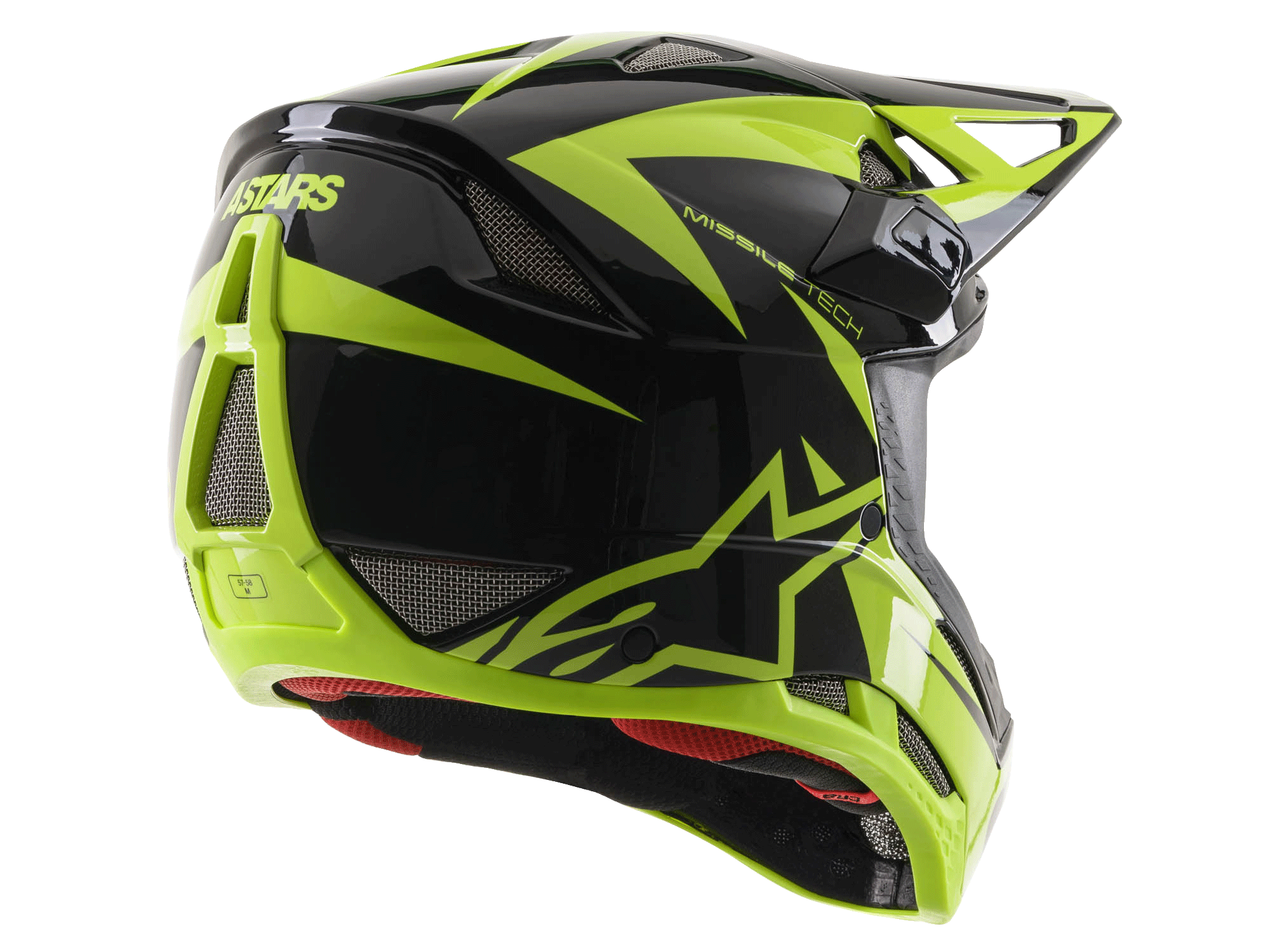 Casco integrale Alpinestars Missile Tech-Air, nero e giallo fluo lucido, vista posteriore di tre quarti con ampie porte di ventilazione in mesh, marchio ASTARS e fodera interna rossa, progettato per prestazioni MTB downhill