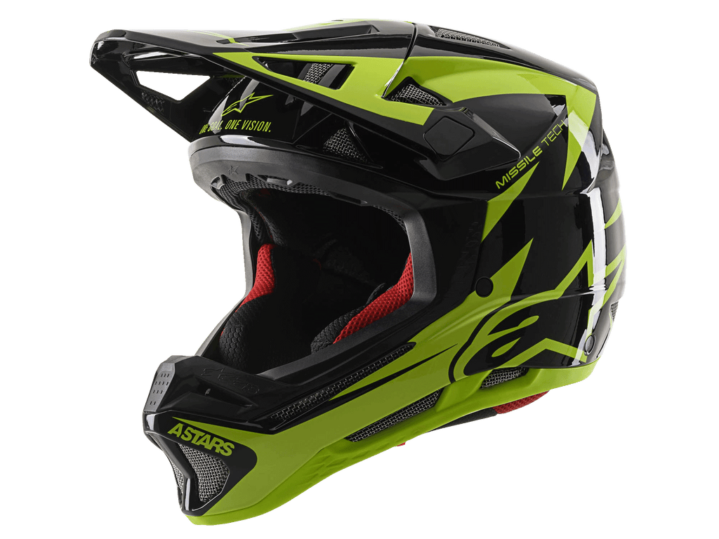Casco integrale Alpinestars Missile Tech-Air, casco da MTB Downhill, nero e giallo fluo lucido, con 22 prese d'aria, marchi 'ASTARS' e 'MISSILE TECH', imbottitura interna rossa, design aerodinamico lucido