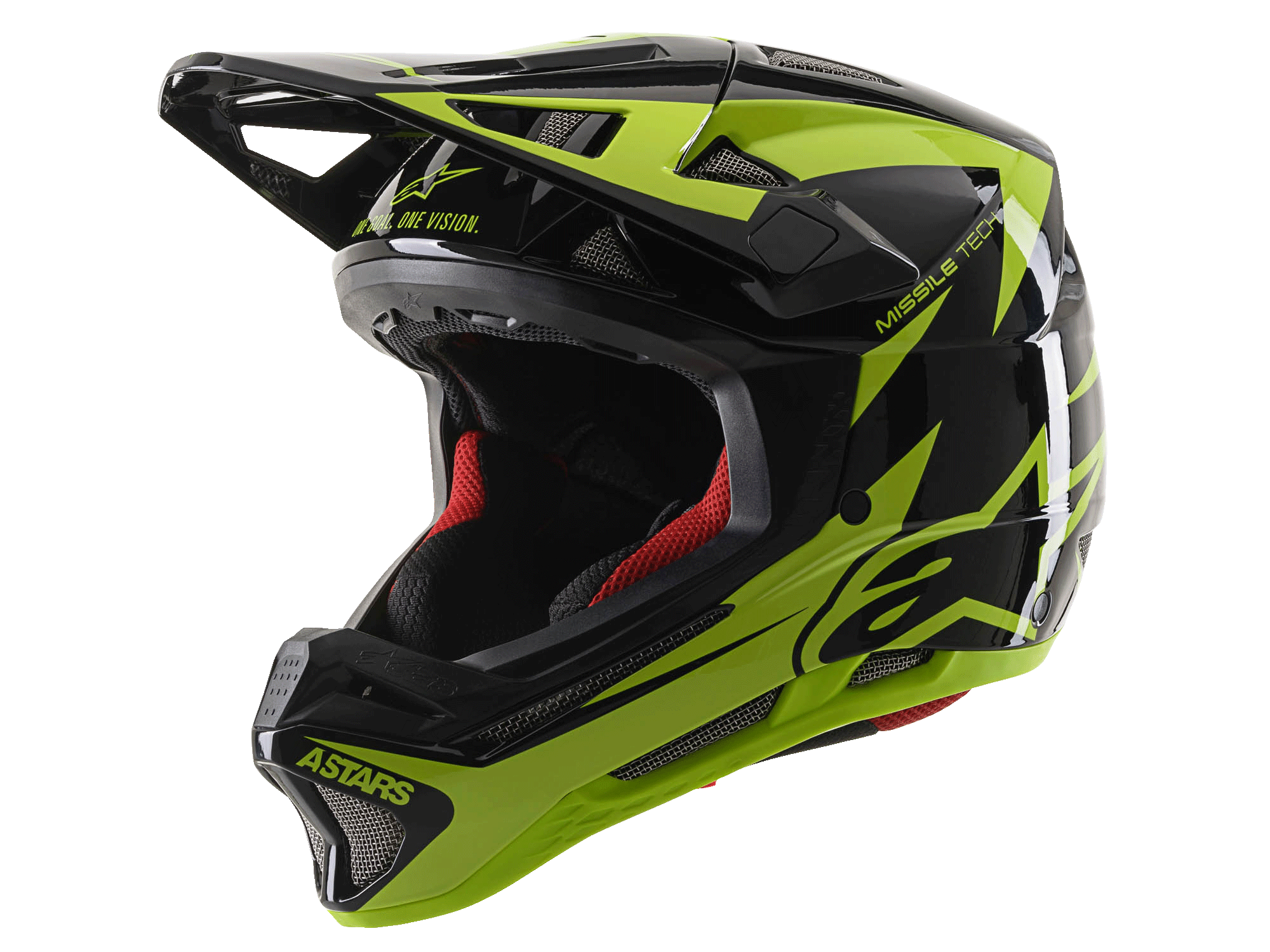Casco integrale Alpinestars Missile Tech-Air, casco da MTB Downhill, nero e giallo fluo lucido, con 22 prese d'aria, marchi 'ASTARS' e 'MISSILE TECH', imbottitura interna rossa, design aerodinamico lucido
