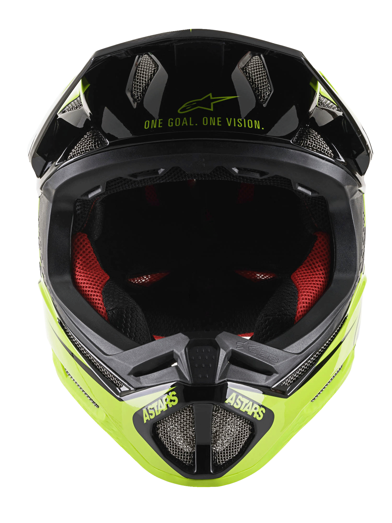 Casco integrale Alpinestars Missile Tech-Air®, casco integrale MTB, nero e giallo fluo lucido, vista frontale con scritta 'One Goal. One Vision.' sulla visiera, imbottitura interna rossa, prese d'aria a rete e marchio ASTARS sulla mentoniera