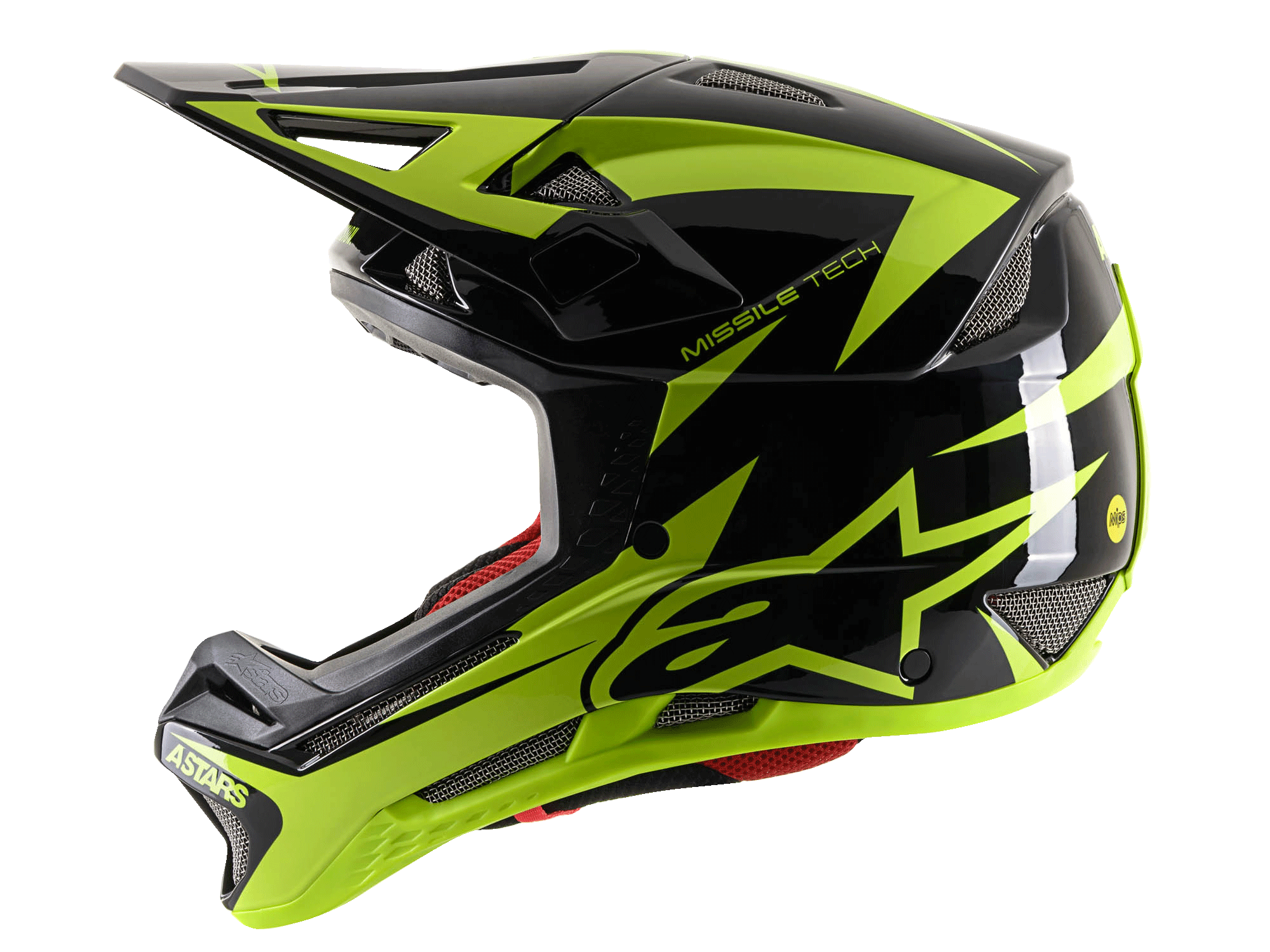 Alpinestars Casco Integrale Missile Tech-Air, casco integrale MTB, nero e giallo fluo lucido, vista di profilo con grande logo a stella giallo, prese d'aria in rete e visiera aerodinamica per downhill mountain bike