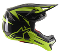 Casco integrale Alpinestars Missile Tech-Air, casco da MTB Downhill, nero e giallo fluo lucido, vista di profilo laterale con prese d'aria a rete aerodinamiche, grande logo a stella giallo fluorescente e marchio MISSILE TECH, rivestimento interno rosso, design aerodinamico ad alte prestazioni per mountain bike