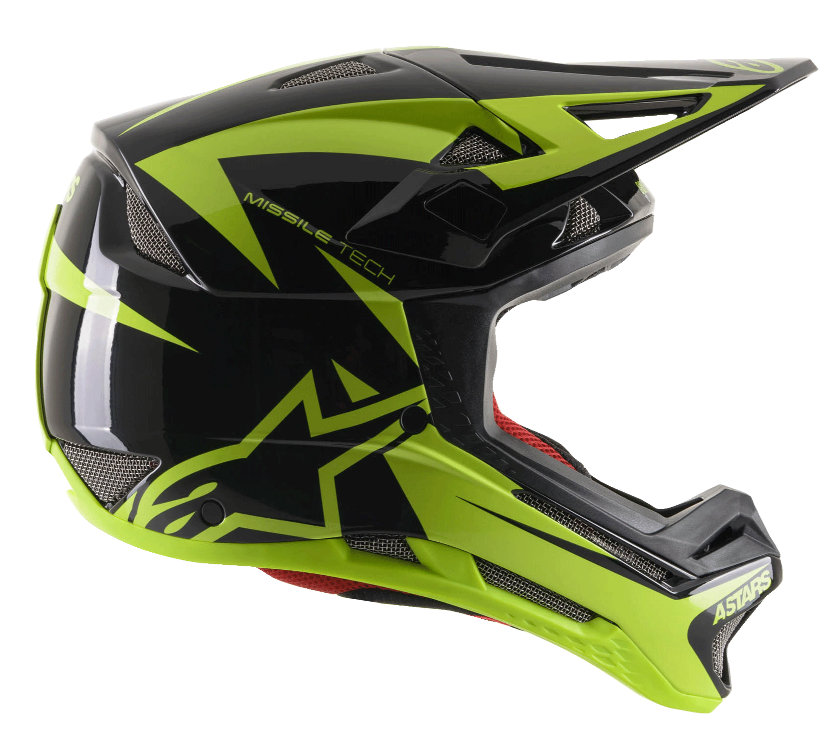 Casco integrale Alpinestars Missile Tech-Air, casco da MTB Downhill, nero e giallo fluo lucido, vista di profilo laterale con prese d'aria a rete aerodinamiche, grande logo a stella giallo fluorescente e marchio MISSILE TECH, rivestimento interno rosso, design aerodinamico ad alte prestazioni per mountain bike