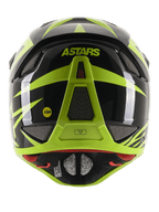Casco Integrale Alpinestars Missile Tech-Air, vista posteriore, nero e giallo fluo lucido, caratterizzato dal marchio ASTARS e dal logo MIPS, design aerodinamico con molteplici prese d'aria protette da rete