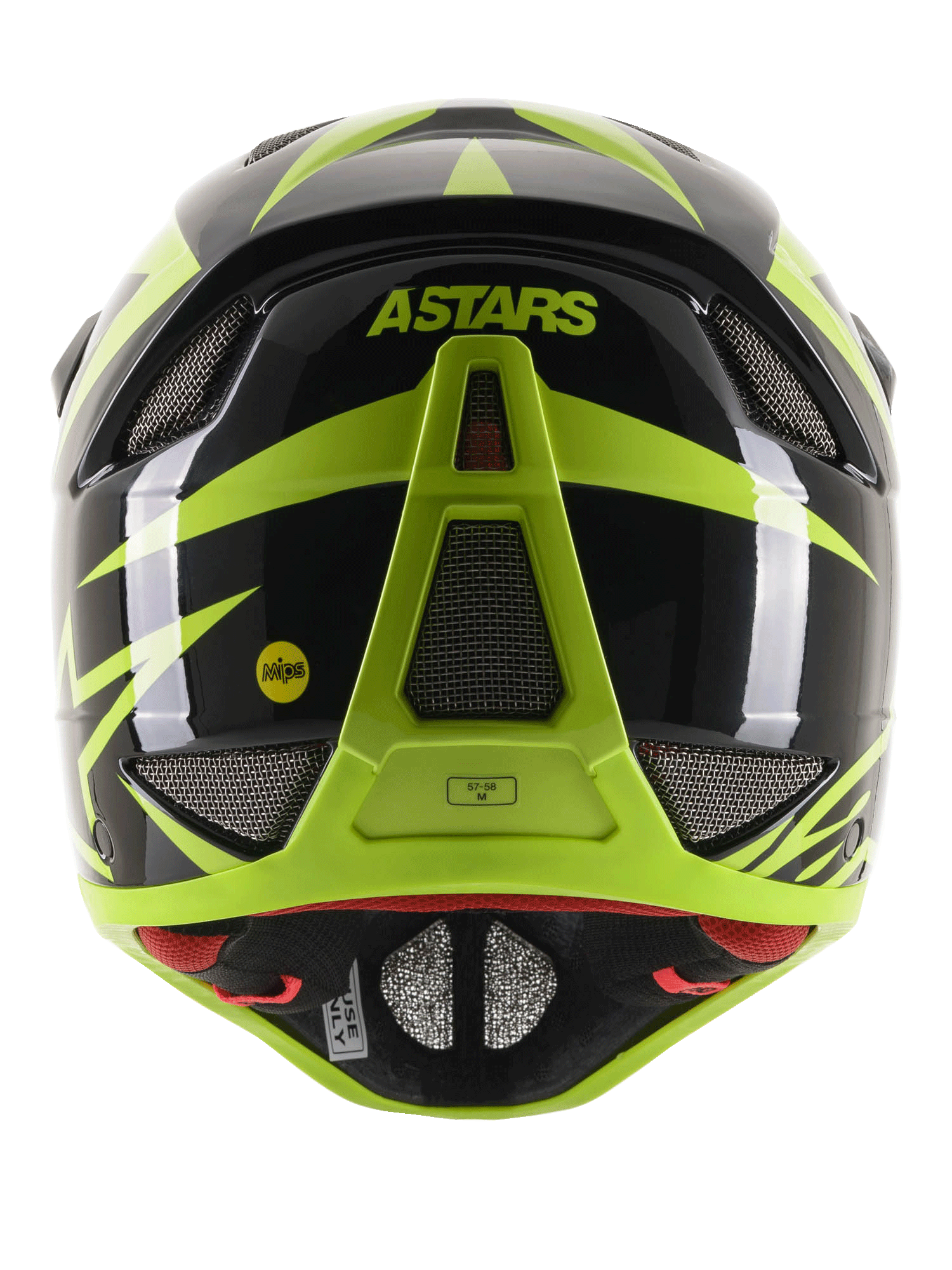 Casco Integrale Alpinestars Missile Tech-Air, vista posteriore, nero e giallo fluo lucido, caratterizzato dal marchio ASTARS e dal logo MIPS, design aerodinamico con molteplici prese d'aria protette da rete