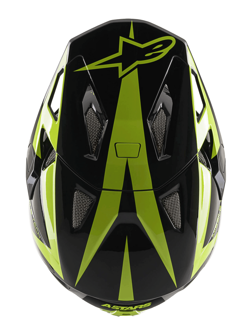Alpinestars Missile Tech-Air Full Face Helmet, casco da MTB, nero e giallo fluo lucido, vista dall'alto che mostra il logo a stella e le prese d'aria a rete